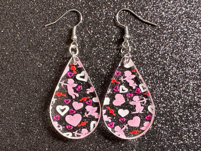 Cupid Earrings: Laser Cut Acrylic Hearts, Love, Valentines Day, Anniversary, Marriage, Partner, Lover, Vday, Best Gifts for Her/Him/Them