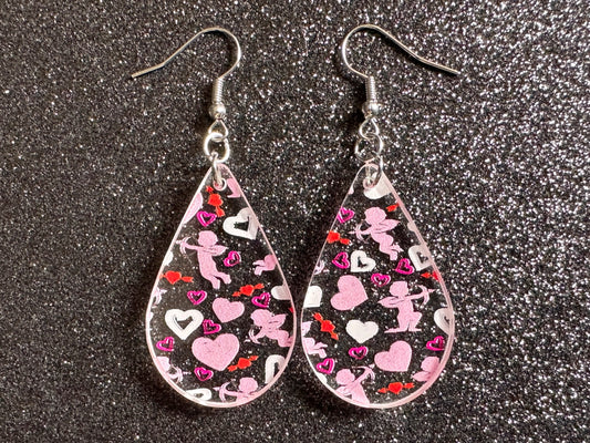 Cupid Earrings: Laser Cut Acrylic Hearts, Love, Valentines Day, Anniversary, Marriage, Partner, Lover, Vday, Best Gifts for Her/Him/Them