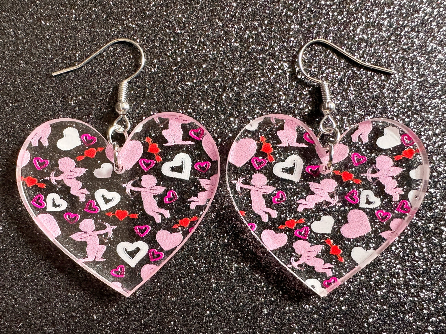 Cupid Earrings: Laser Cut Acrylic Hearts, Love, Valentines Day, Anniversary, Marriage, Partner, Lover, Vday, Best Gifts for Her/Him/Them
