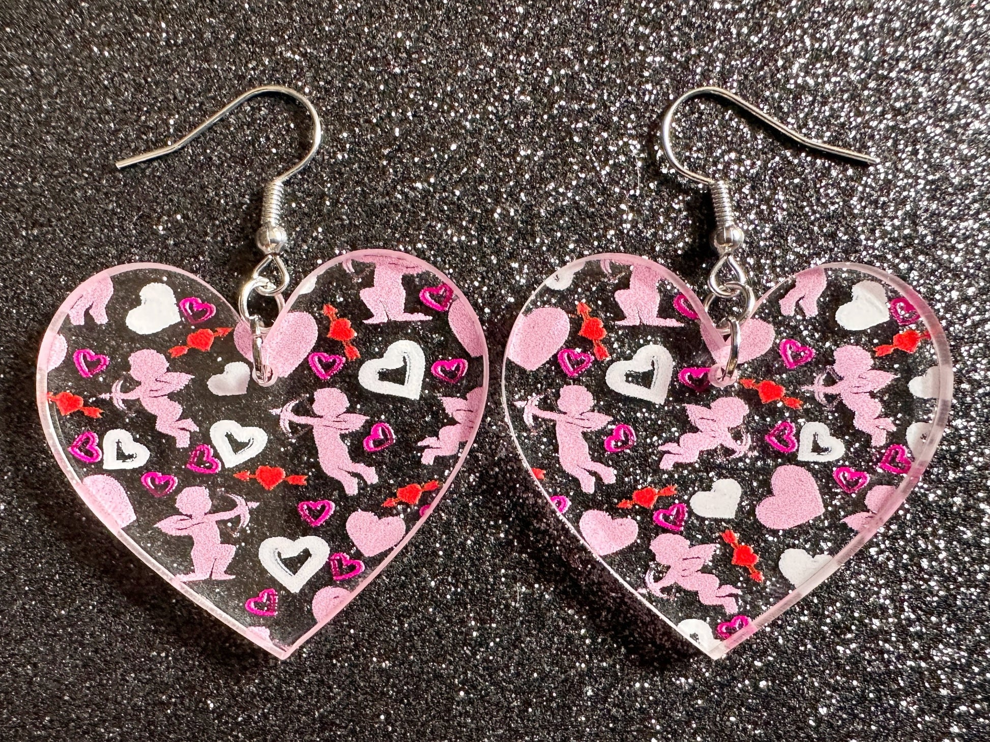 Cupid Earrings: Laser Cut Acrylic Hearts, Love, Valentines Day, Anniversary, Marriage, Partner, Lover, Vday, Best Gifts for Her/Him/Them