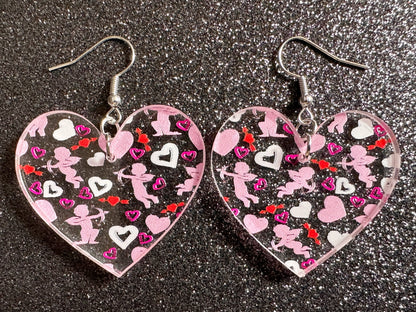 Cupid Earrings: Laser Cut Acrylic Hearts, Love, Valentines Day, Anniversary, Marriage, Partner, Lover, Vday, Best Gifts for Her/Him/Them