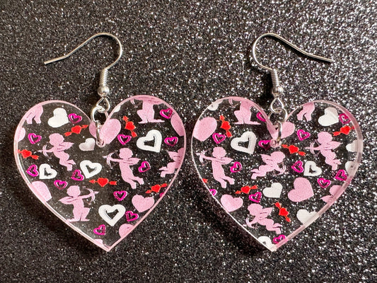Cupid Earrings: Laser Cut Acrylic Hearts, Love, Valentines Day, Anniversary, Marriage, Partner, Lover, Vday, Best Gifts for Her/Him/Them