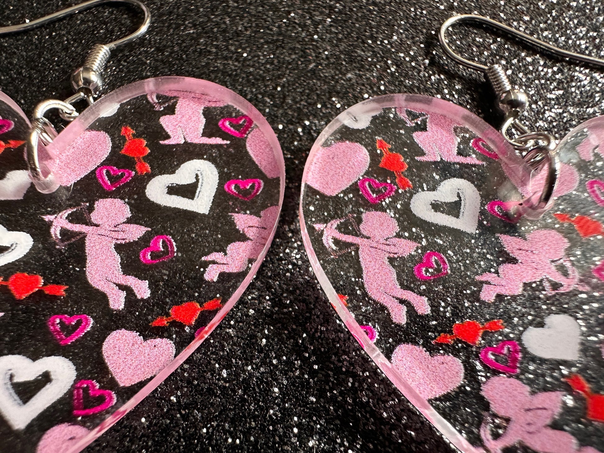 Cupid Earrings: Laser Cut Acrylic Hearts, Love, Valentines Day, Anniversary, Marriage, Partner, Lover, Vday, Best Gifts for Her/Him/Them