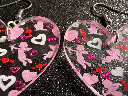 Cupid Earrings: Laser Cut Acrylic Hearts, Love, Valentines Day, Anniversary, Marriage, Partner, Lover, Vday, Best Gifts for Her/Him/Them