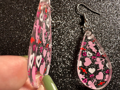 Cupid Earrings: Laser Cut Acrylic Hearts, Love, Valentines Day, Anniversary, Marriage, Partner, Lover, Vday, Best Gifts for Her/Him/Them