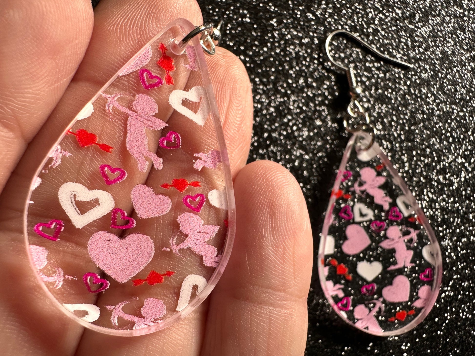 Cupid Earrings: Laser Cut Acrylic Hearts, Love, Valentines Day, Anniversary, Marriage, Partner, Lover, Vday, Best Gifts for Her/Him/Them