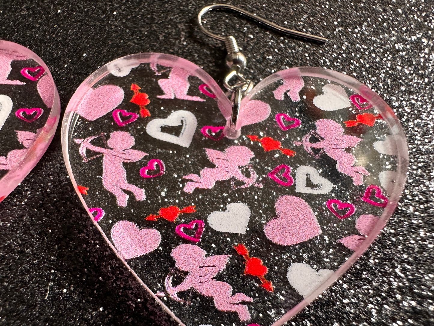 Cupid Earrings: Laser Cut Acrylic Hearts, Love, Valentines Day, Anniversary, Marriage, Partner, Lover, Vday, Best Gifts for Her/Him/Them