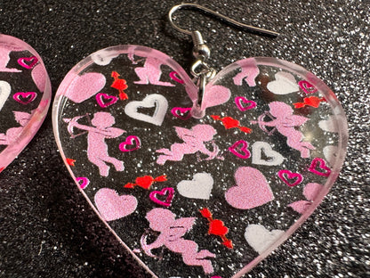 Cupid Earrings: Laser Cut Acrylic Hearts, Love, Valentines Day, Anniversary, Marriage, Partner, Lover, Vday, Best Gifts for Her/Him/Them