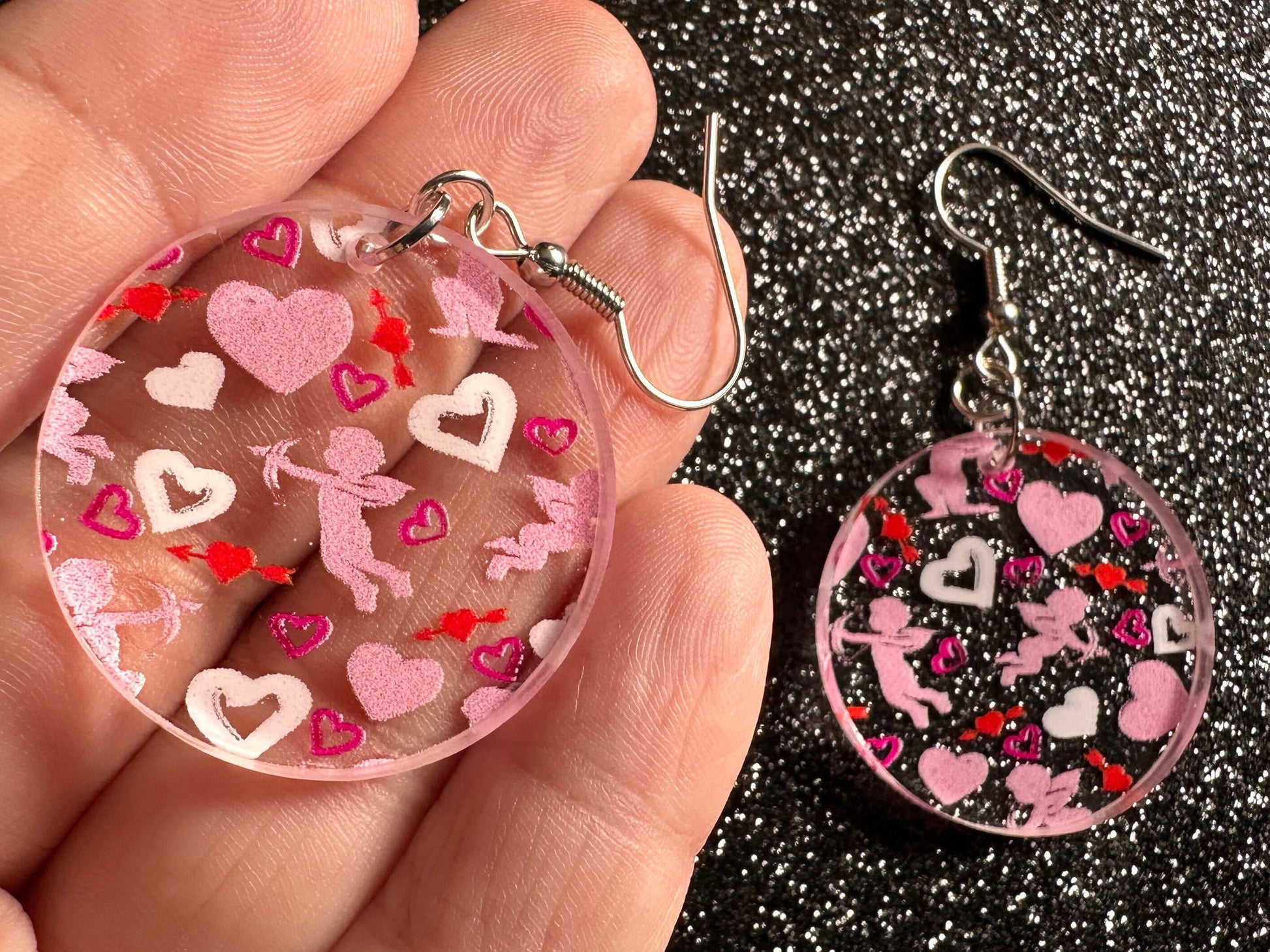 Cupid Earrings: Laser Cut Acrylic Hearts, Love, Valentines Day, Anniversary, Marriage, Partner, Lover, Vday, Best Gifts for Her/Him/Them