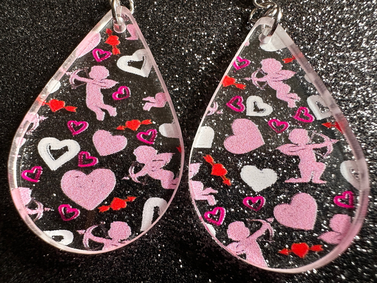 Cupid Earrings: Laser Cut Acrylic Hearts, Love, Valentines Day, Anniversary, Marriage, Partner, Lover, Vday, Best Gifts for Her/Him/Them