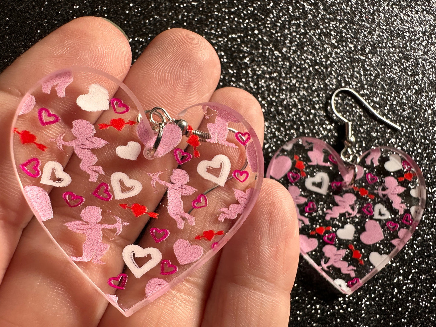 Cupid Earrings: Laser Cut Acrylic Hearts, Love, Valentines Day, Anniversary, Marriage, Partner, Lover, Vday, Best Gifts for Her/Him/Them