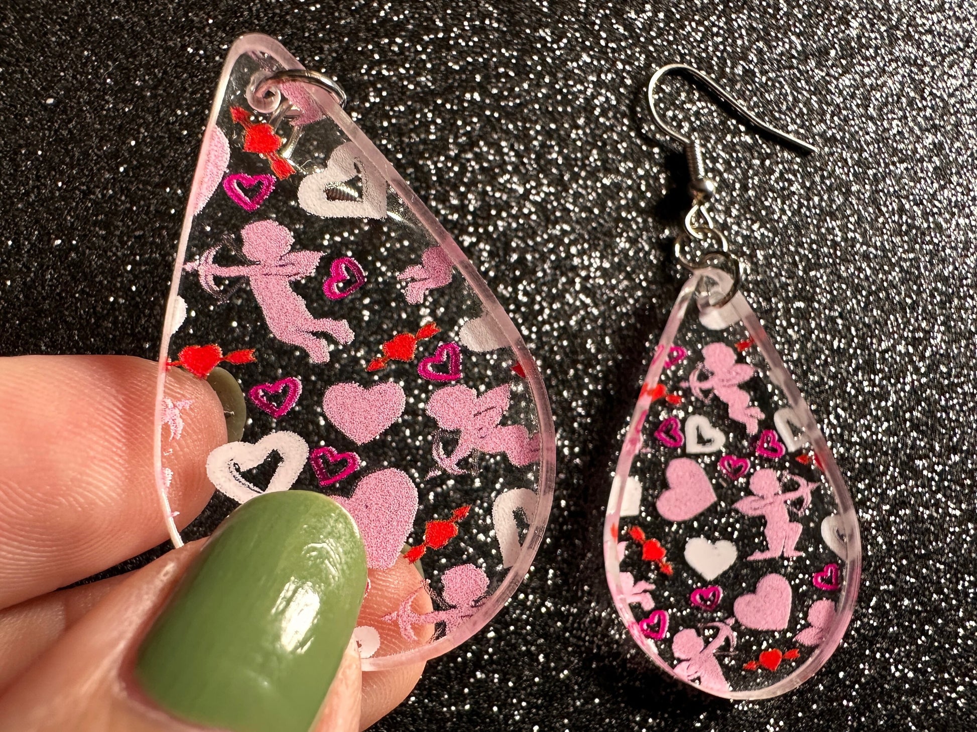 Cupid Earrings: Laser Cut Acrylic Hearts, Love, Valentines Day, Anniversary, Marriage, Partner, Lover, Vday, Best Gifts for Her/Him/Them