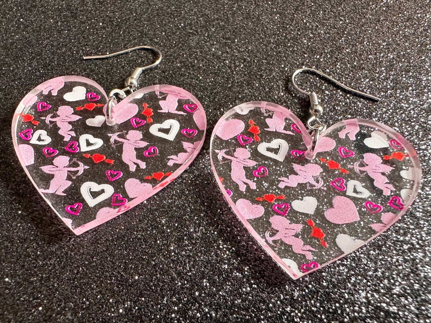 Cupid Earrings: Laser Cut Acrylic Hearts, Love, Valentines Day, Anniversary, Marriage, Partner, Lover, Vday, Best Gifts for Her/Him/Them