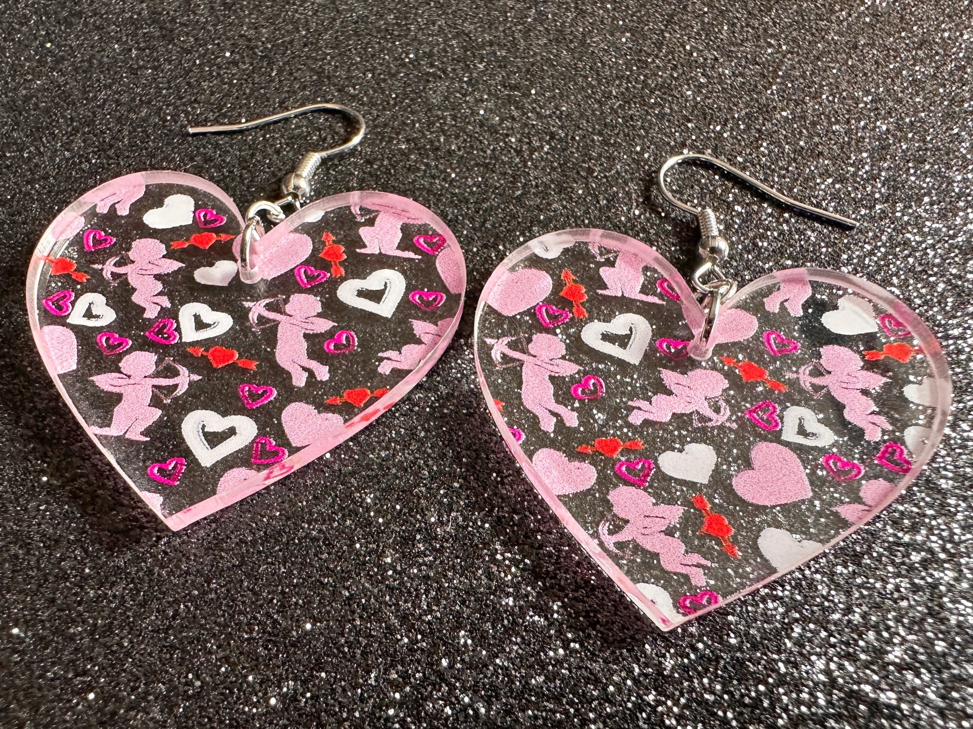 Cupid Earrings: Laser Cut Acrylic Hearts, Love, Valentines Day, Anniversary, Marriage, Partner, Lover, Vday, Best Gifts for Her/Him/Them