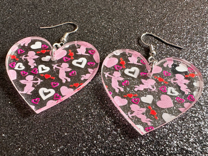 Cupid Earrings: Laser Cut Acrylic Hearts, Love, Valentines Day, Anniversary, Marriage, Partner, Lover, Vday, Best Gifts for Her/Him/Them