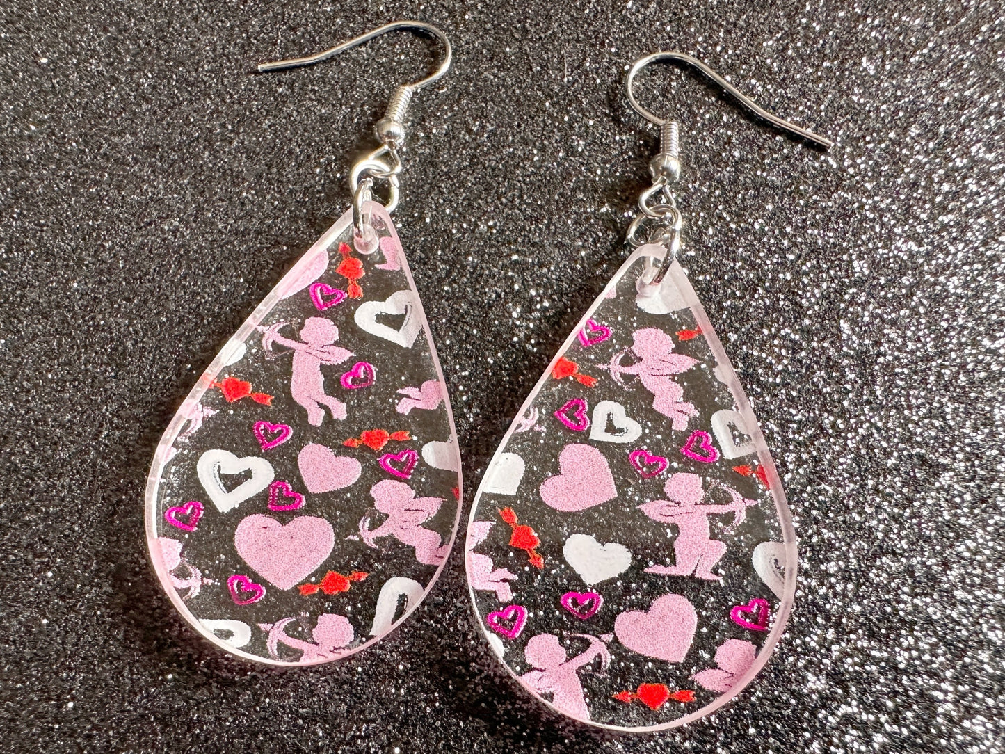 Cupid Earrings: Laser Cut Acrylic Hearts, Love, Valentines Day, Anniversary, Marriage, Partner, Lover, Vday, Best Gifts for Her/Him/Them