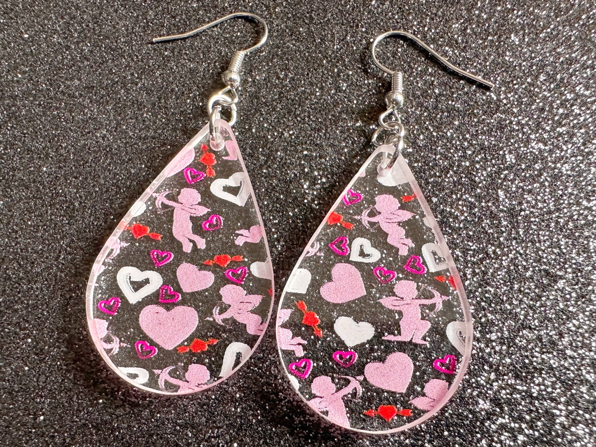 Cupid Earrings: Laser Cut Acrylic Hearts, Love, Valentines Day, Anniversary, Marriage, Partner, Lover, Vday, Best Gifts for Her/Him/Them