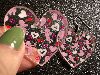 Cupid Earrings: Laser Cut Acrylic Hearts, Love, Valentines Day, Anniversary, Marriage, Partner, Lover, Vday, Best Gifts for Her/Him/Them