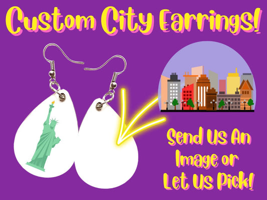Custom City Earrings - Custom Photo Earrings: Travel, Globetrotter, World Capitals, Places, Sublimated, Best Gift For Her/Him/Them