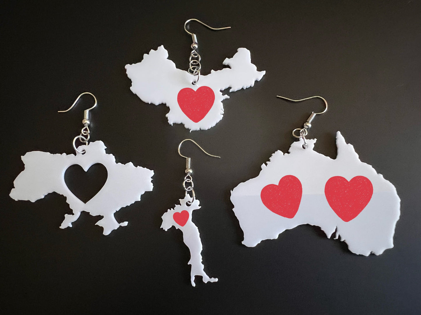 Custom Country Earrings with Heart: Laser Cut Acrylic Countries, Travel, Love Home, Geography Teacher Gift, Best Gifts for Her/Him/Them