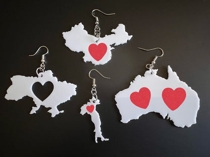 Custom Country Earrings with Heart: Laser Cut Acrylic Countries, Travel, Love Home, Geography Teacher Gift, Best Gifts for Her/Him/Them