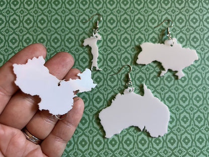Custom Country Earrings with Heart: Laser Cut Acrylic Countries, Travel, Love Home, Geography Teacher Gift, Best Gifts for Her/Him/Them