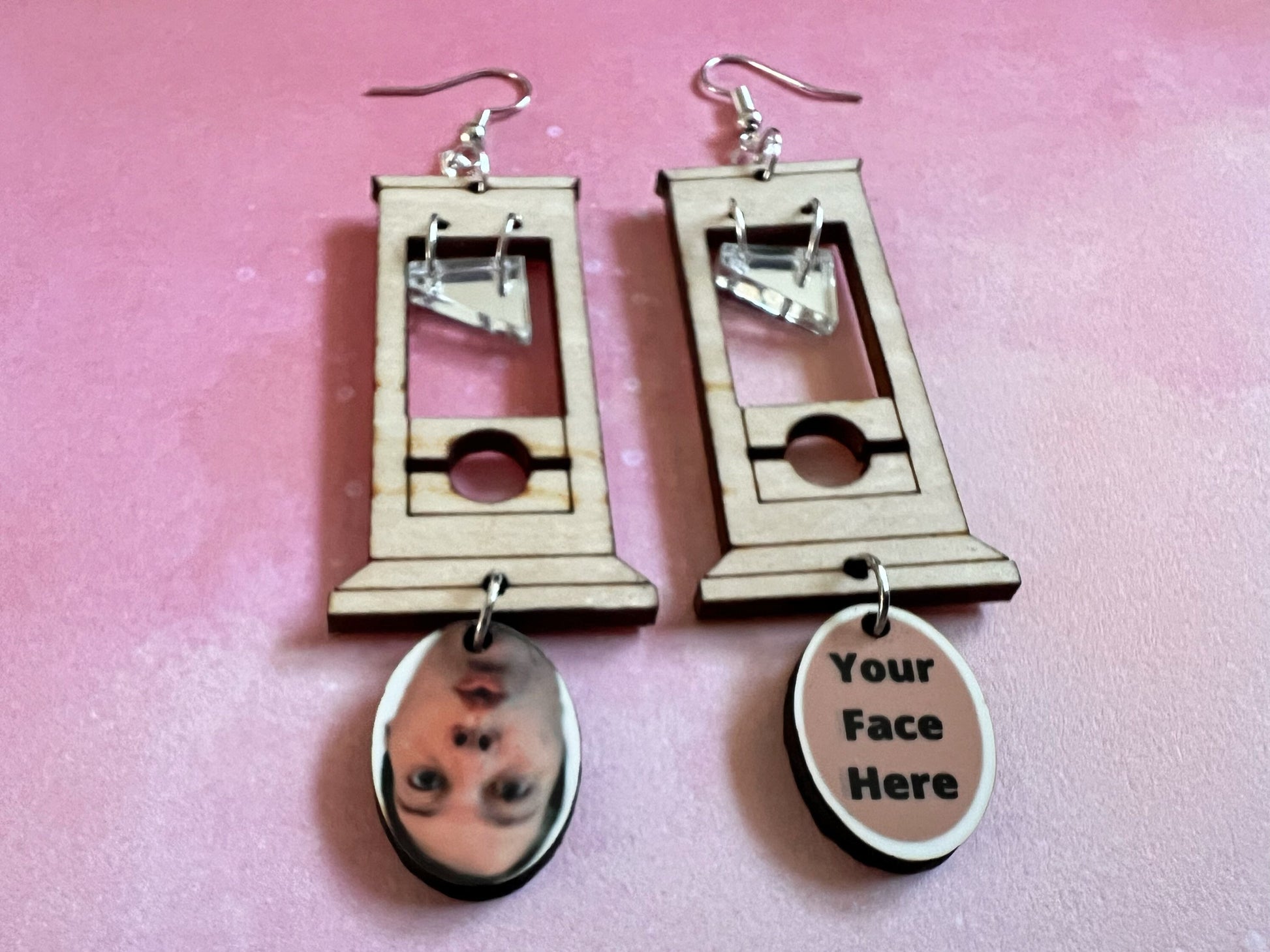 Custom Face Guillotine Earrings: Halloween, Scary, Horror, Execution, Decapitation, Laser Cut Acrylic & Wood, Gifts for Her/Him/Them