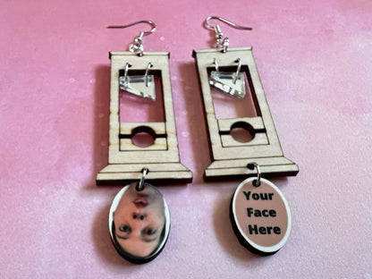 Custom Face Guillotine Earrings: Halloween, Scary, Horror, Execution, Decapitation, Laser Cut Acrylic & Wood, Gifts for Her/Him/Them