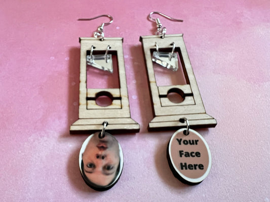 Custom Face Guillotine Earrings: Halloween, Scary, Horror, Execution, Decapitation, Laser Cut Acrylic & Wood, Gifts for Her/Him/Them
