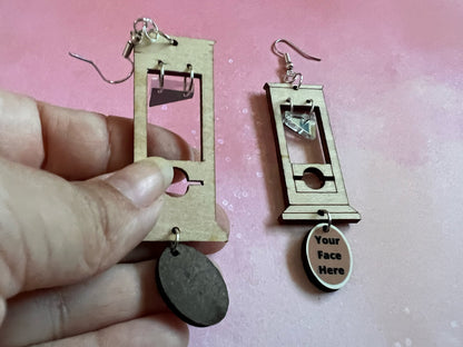 Custom Face Guillotine Earrings: Halloween, Scary, Horror, Execution, Decapitation, Laser Cut Acrylic & Wood, Gifts for Her/Him/Them