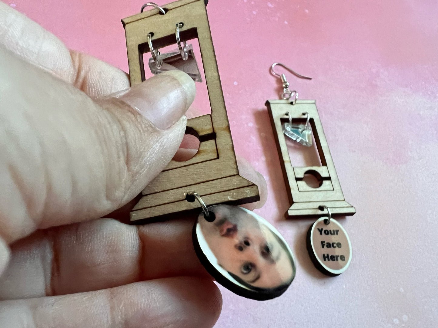 Custom Face Guillotine Earrings: Halloween, Scary, Horror, Execution, Decapitation, Laser Cut Acrylic & Wood, Gifts for Her/Him/Them
