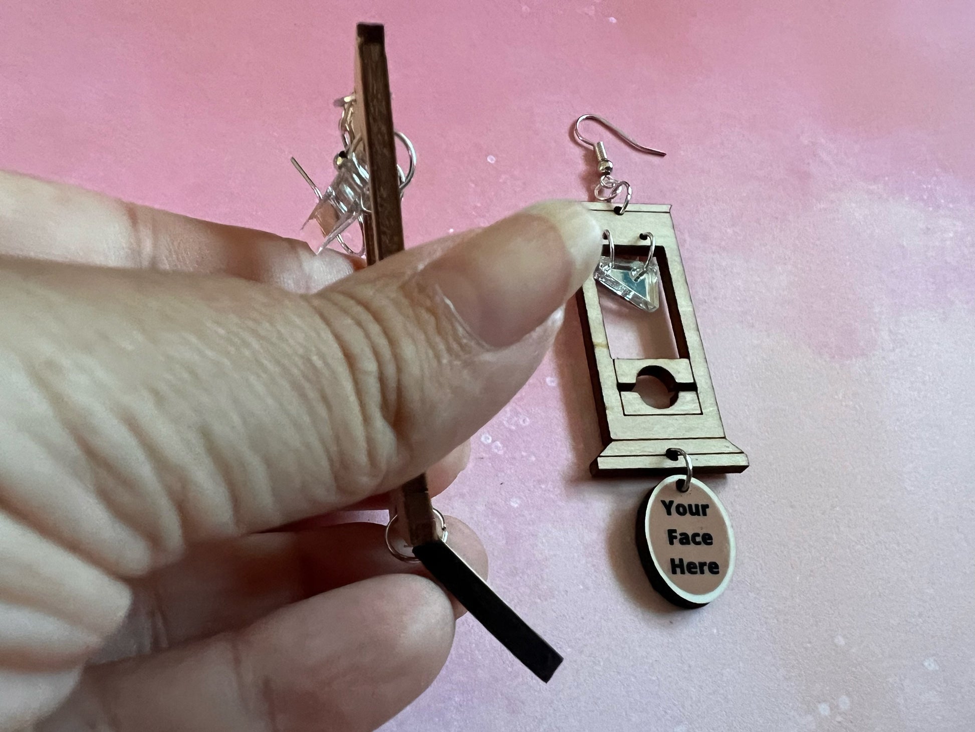 Custom Face Guillotine Earrings: Halloween, Scary, Horror, Execution, Decapitation, Laser Cut Acrylic & Wood, Gifts for Her/Him/Them