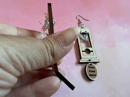 Custom Face Guillotine Earrings: Halloween, Scary, Horror, Execution, Decapitation, Laser Cut Acrylic & Wood, Gifts for Her/Him/Them
