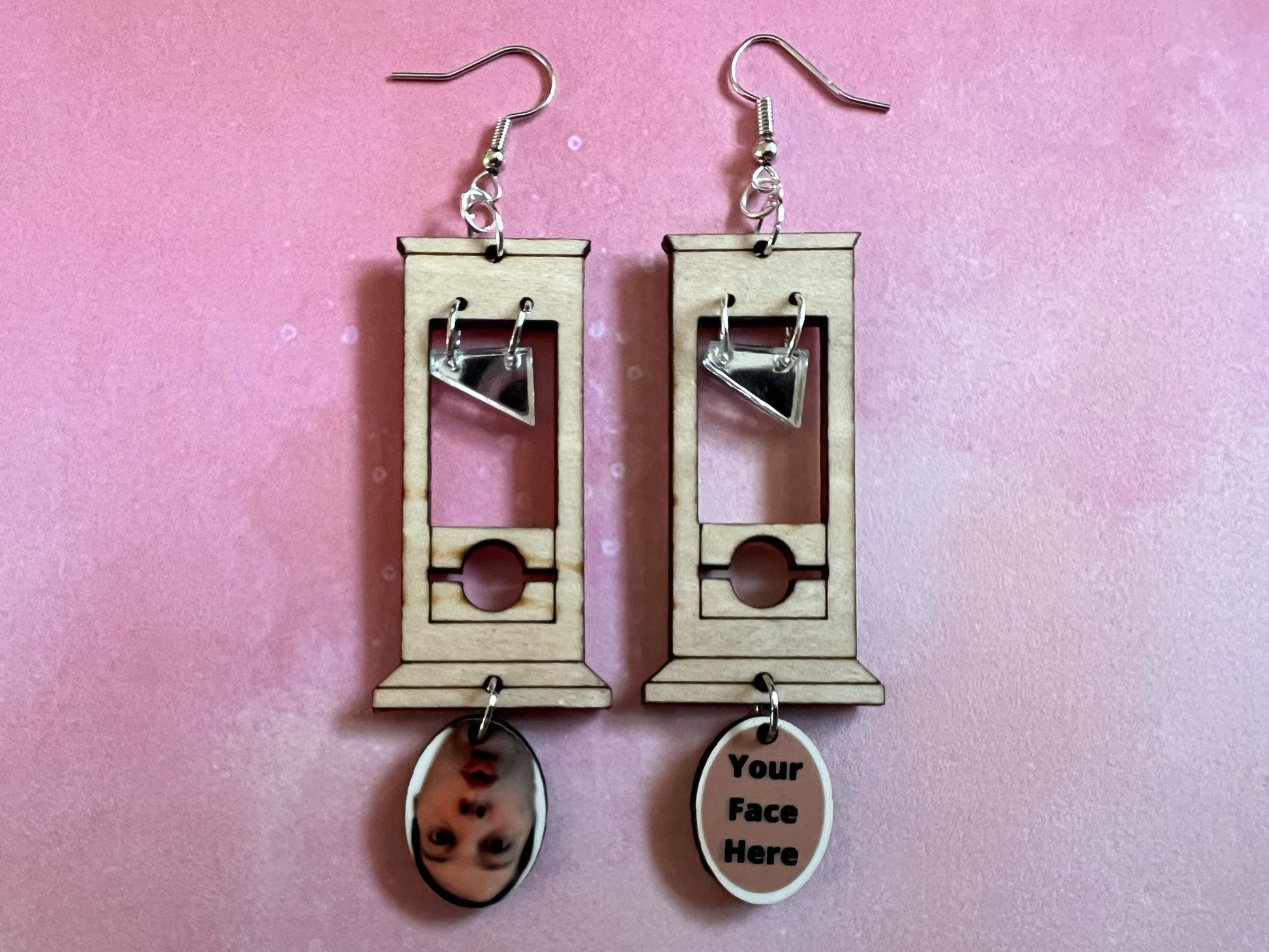 Custom Face Guillotine Earrings: Halloween, Scary, Horror, Execution, Decapitation, Laser Cut Acrylic & Wood, Gifts for Her/Him/Them