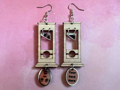Custom Face Guillotine Earrings: Halloween, Scary, Horror, Execution, Decapitation, Laser Cut Acrylic & Wood, Gifts for Her/Him/Them