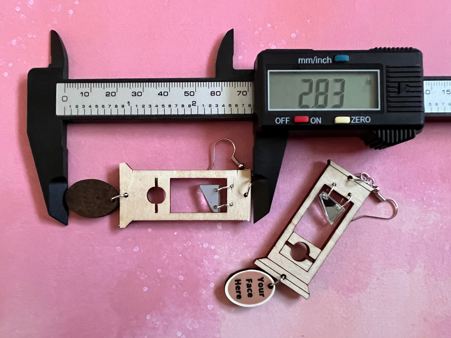 Custom Face Guillotine Earrings: Halloween, Scary, Horror, Execution, Decapitation, Laser Cut Acrylic & Wood, Gifts for Her/Him/Them