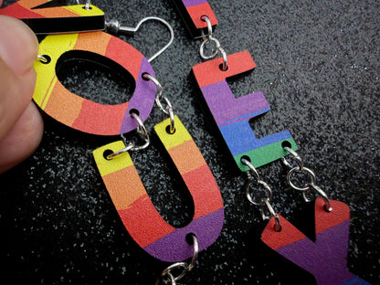 Custom Rainbow Text Earrings: Laser Cut Words, Letters, Names, Teacher Gift, Anniversary, Custom Text, Best Pride, Gifts for Her/Him/Them
