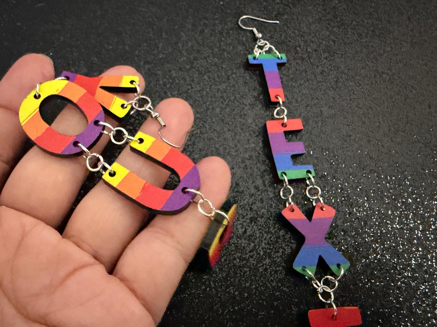 Custom Rainbow Text Earrings: Laser Cut Words, Letters, Names, Teacher Gift, Anniversary, Custom Text, Best Pride, Gifts for Her/Him/Them