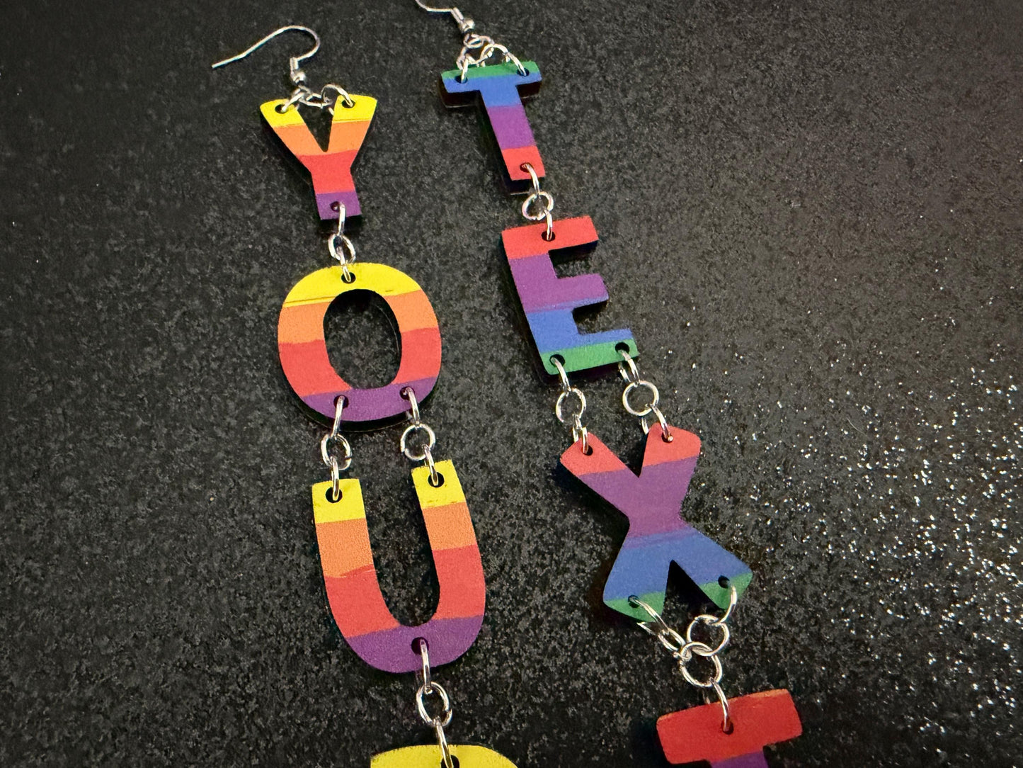 Custom Rainbow Text Earrings: Laser Cut Words, Letters, Names, Teacher Gift, Anniversary, Custom Text, Best Pride, Gifts for Her/Him/Them
