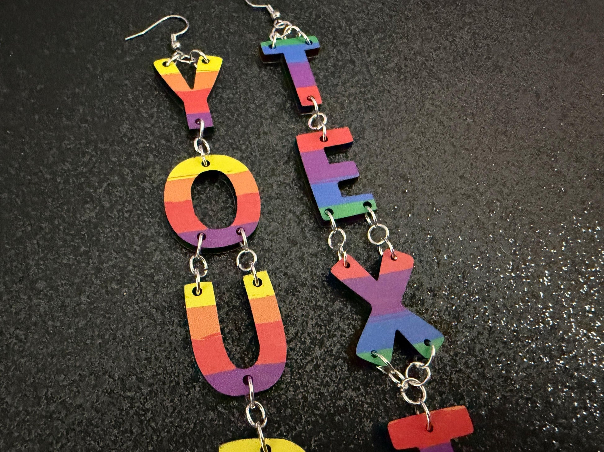 Custom Rainbow Text Earrings: Laser Cut Words, Letters, Names, Teacher Gift, Anniversary, Custom Text, Best Pride, Gifts for Her/Him/Them