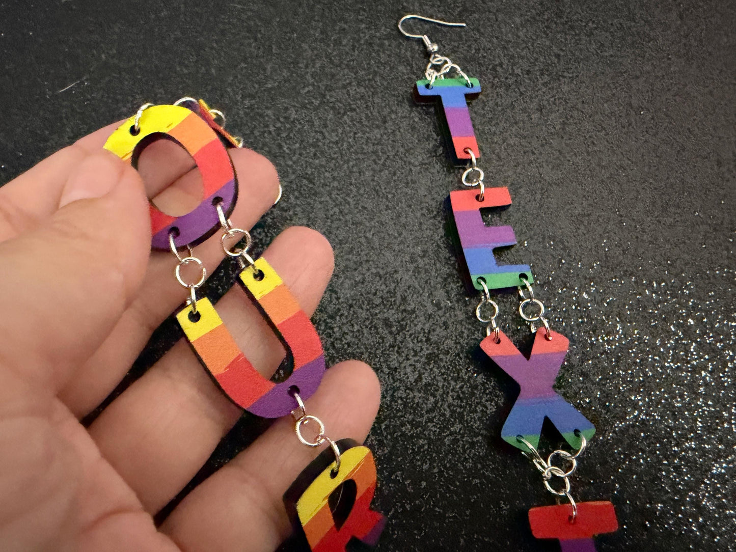 Custom Rainbow Text Earrings: Laser Cut Words, Letters, Names, Teacher Gift, Anniversary, Custom Text, Best Pride, Gifts for Her/Him/Them