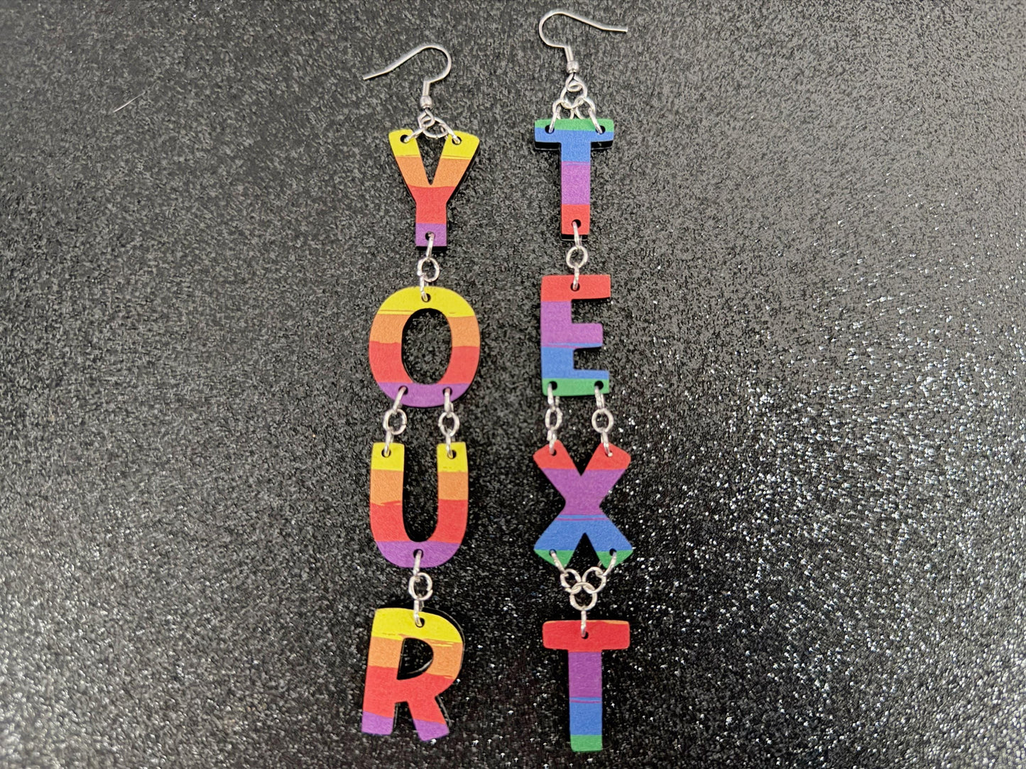 Custom Rainbow Text Earrings: Laser Cut Words, Letters, Names, Teacher Gift, Anniversary, Custom Text, Best Pride, Gifts for Her/Him/Them