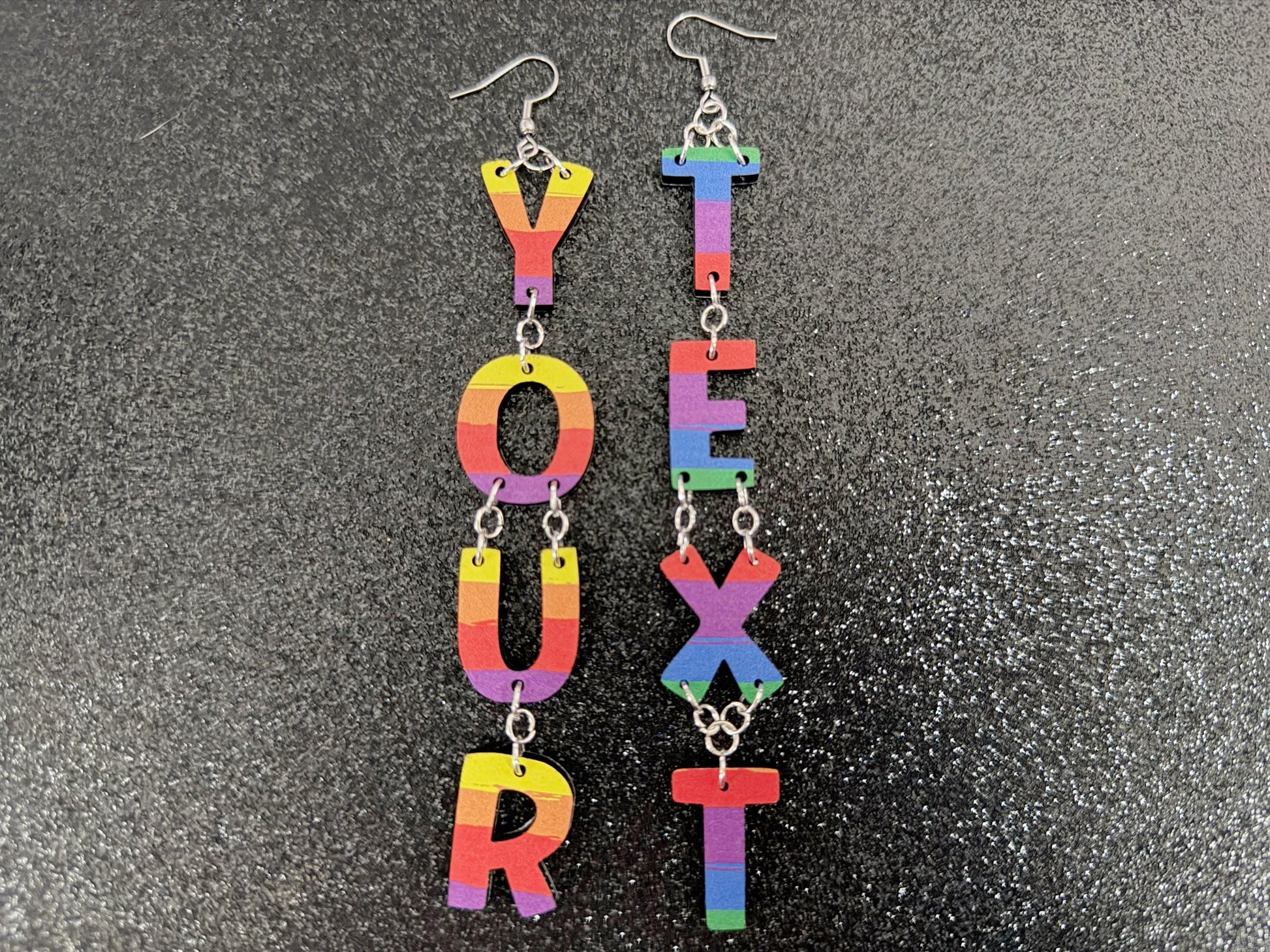 Custom Rainbow Text Earrings: Laser Cut Words, Letters, Names, Teacher Gift, Anniversary, Custom Text, Best Pride, Gifts for Her/Him/Them