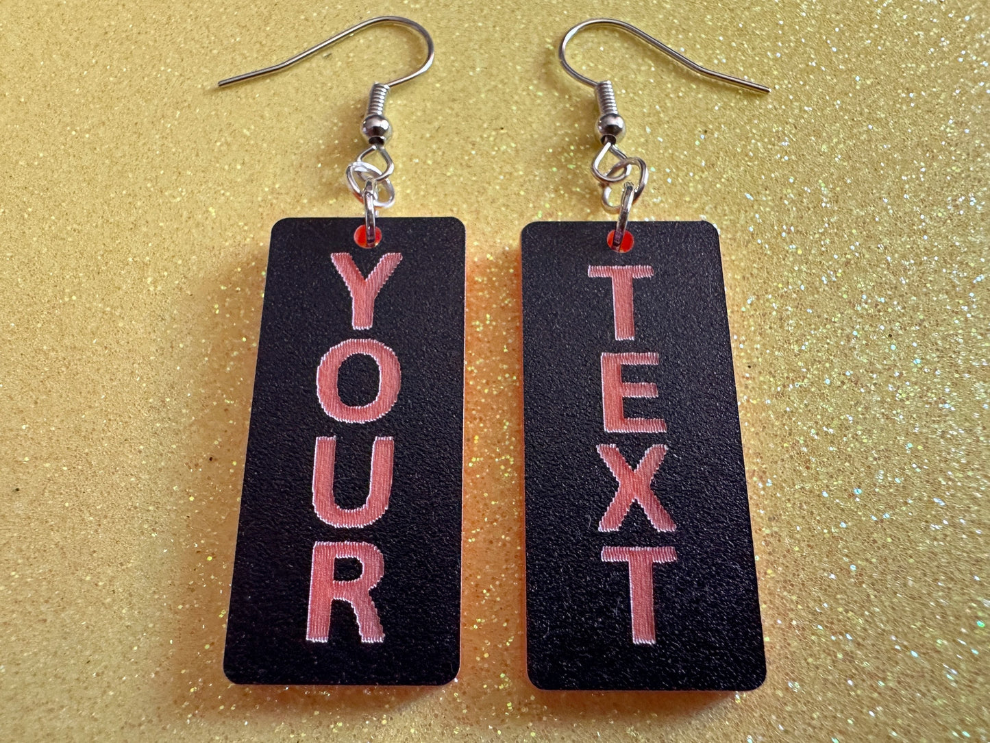 Custom Text Earrings: Laser Engraved Words, Black with Orange Text, Letters, Names, Teacher Gift, Anniversary, Best Gifts for Her/Him/Them