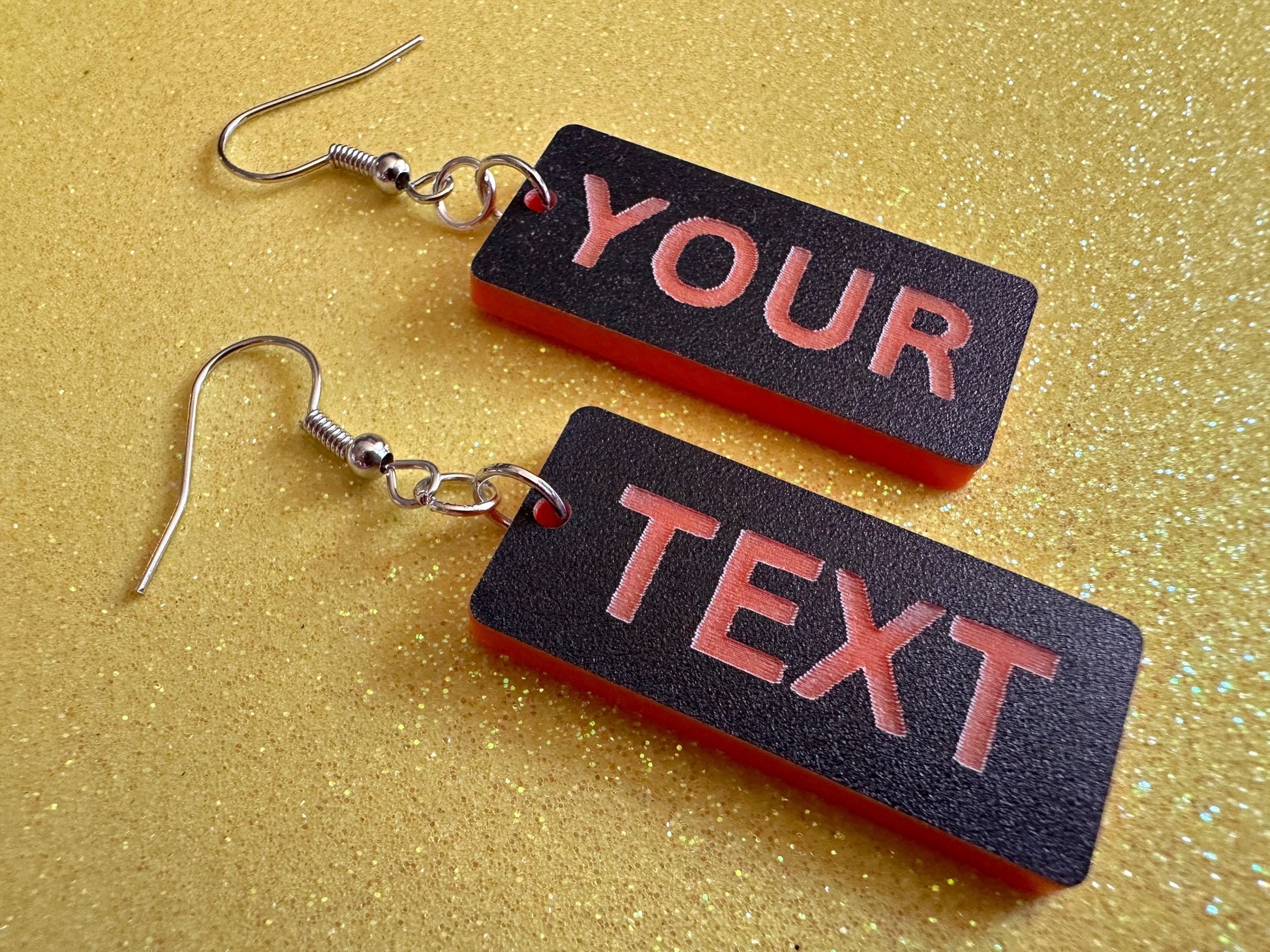 Custom Text Earrings: Laser Engraved Words, Black with Orange Text, Letters, Names, Teacher Gift, Anniversary, Best Gifts for Her/Him/Them