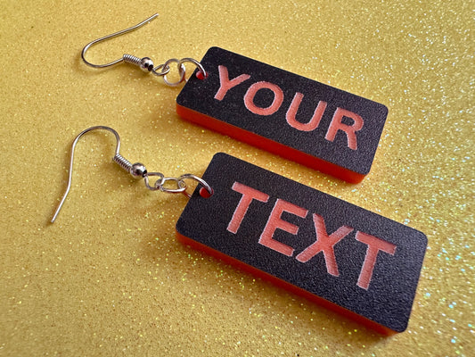 Custom Text Earrings: Laser Engraved Words, Black with Orange Text, Letters, Names, Teacher Gift, Anniversary, Best Gifts for Her/Him/Them