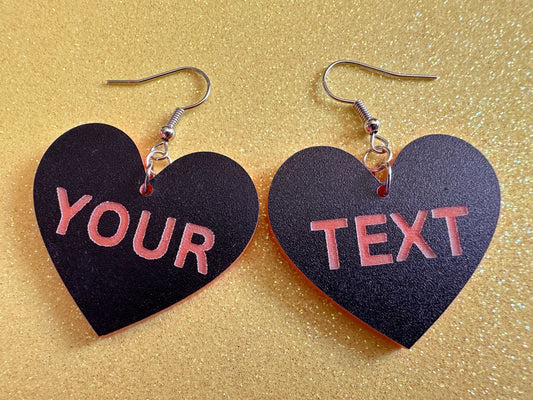 Custom Text Earrings: Laser Engraved Words, Black with Orange Text, Letters, Names, Teacher Gift, Anniversary, Best Gifts for Her/Him/Them