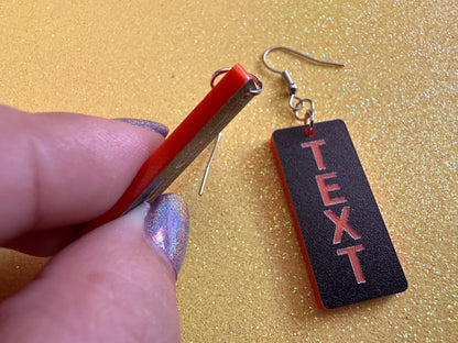 Custom Text Earrings: Laser Engraved Words, Black with Orange Text, Letters, Names, Teacher Gift, Anniversary, Best Gifts for Her/Him/Them