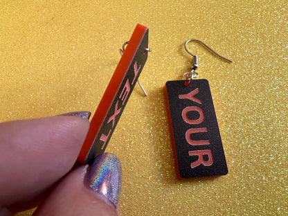 Custom Text Earrings: Laser Engraved Words, Black with Orange Text, Letters, Names, Teacher Gift, Anniversary, Best Gifts for Her/Him/Them