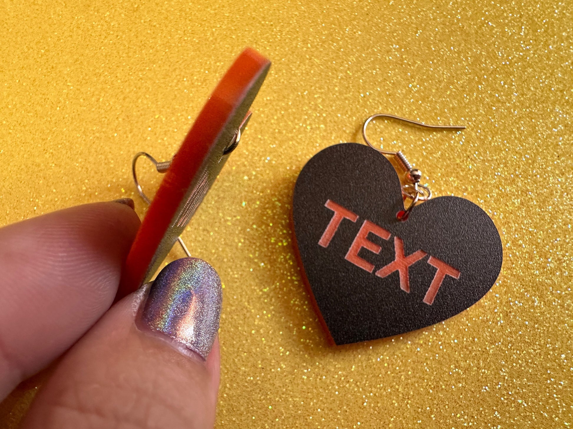 Custom Text Earrings: Laser Engraved Words, Black with Orange Text, Letters, Names, Teacher Gift, Anniversary, Best Gifts for Her/Him/Them